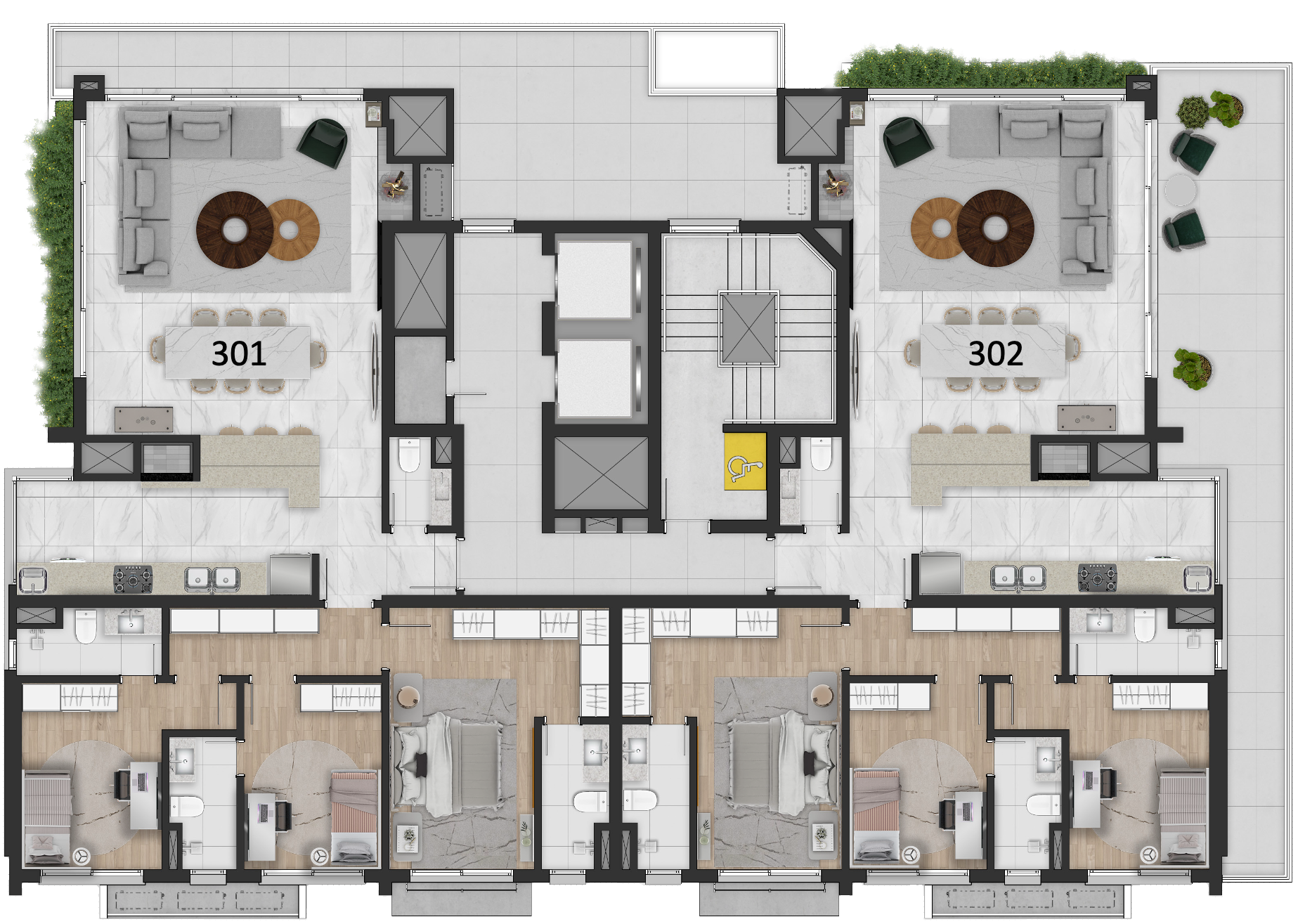 <b>Planta Aptos. Garden</b><br><br><b>301</b> - 172m2 pvt. - Terraço 27,24m2<br><b>302</b> - 173m2 pvt. - Terraço 27,73m2