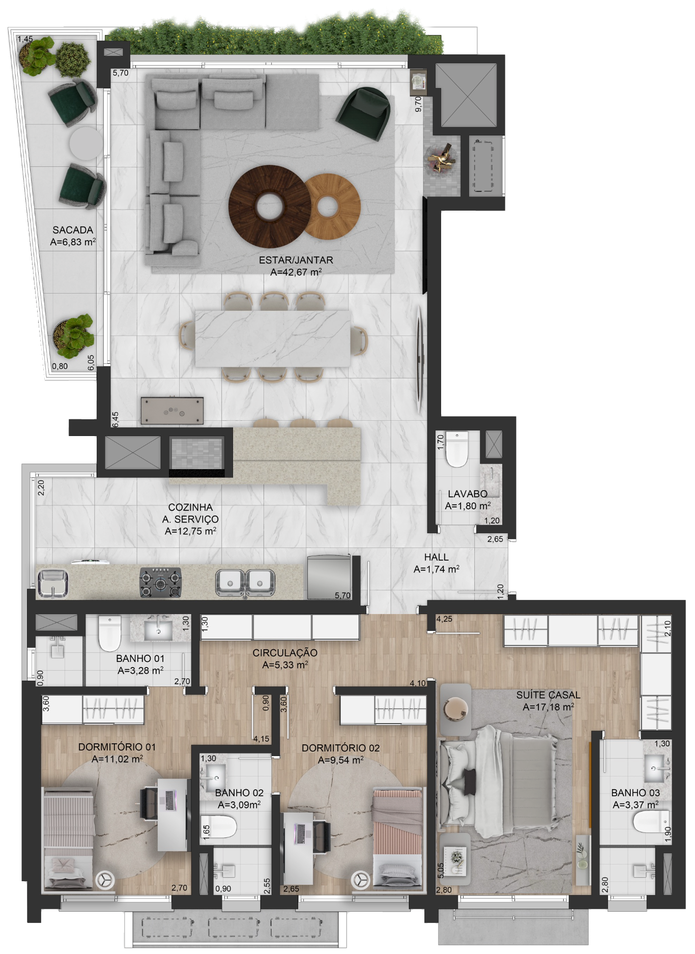 <b>Planta Sacada Frontal | 3 Suítes - 151m2</b><br><br>Lavabo<br>Lareira<br>Churrasqueira<br>Sacada