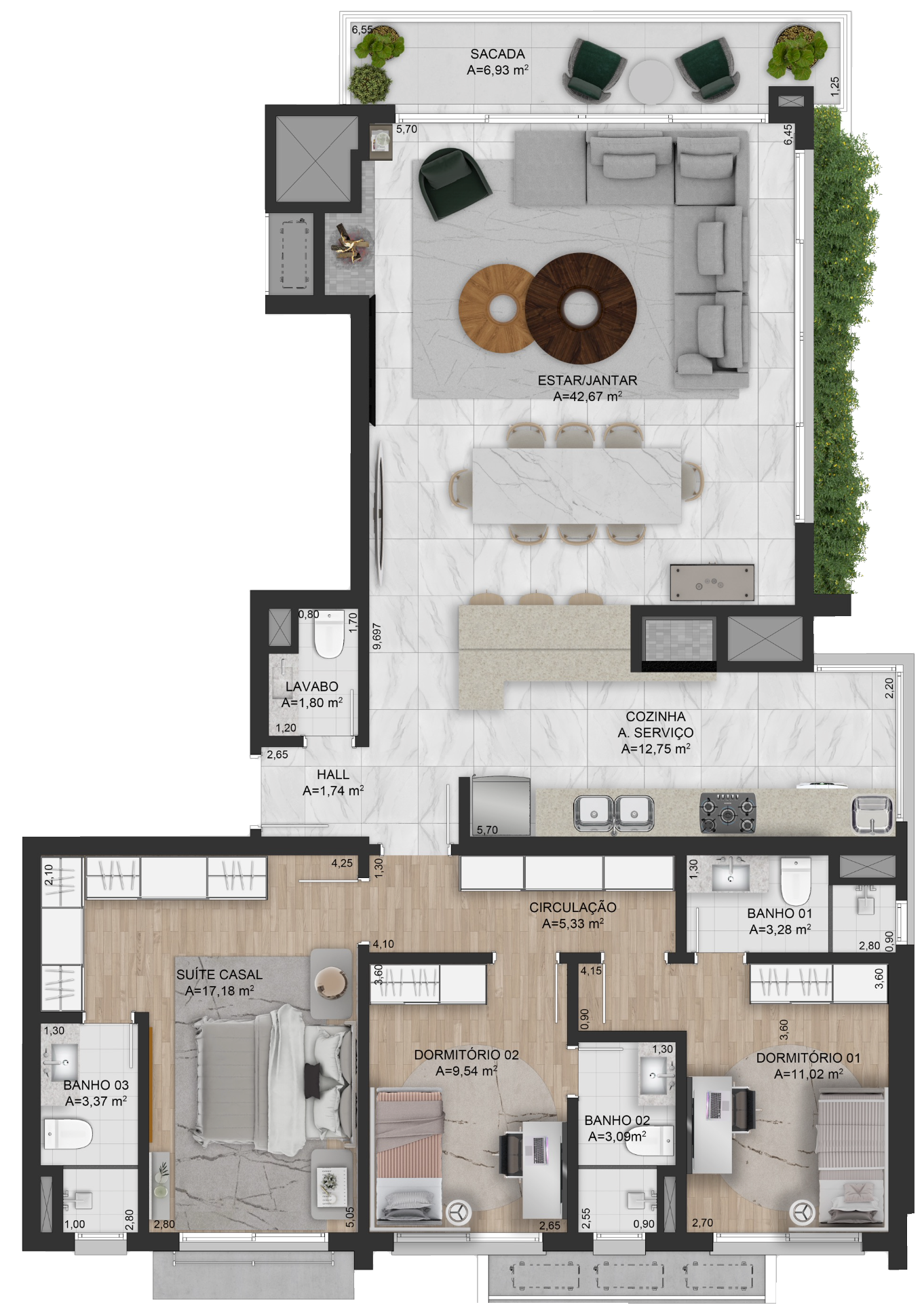 <b>Planta Sacada Lateral | 3 suítes - 151m2</b><br><br>Lavabo<br>Lareira<br>Churrasqueira<br>Sacada